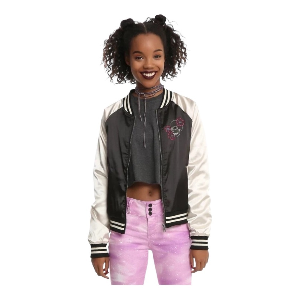 Hot Topic Embroidered Skull Satin Bomber Jacket - Black & Ivory
